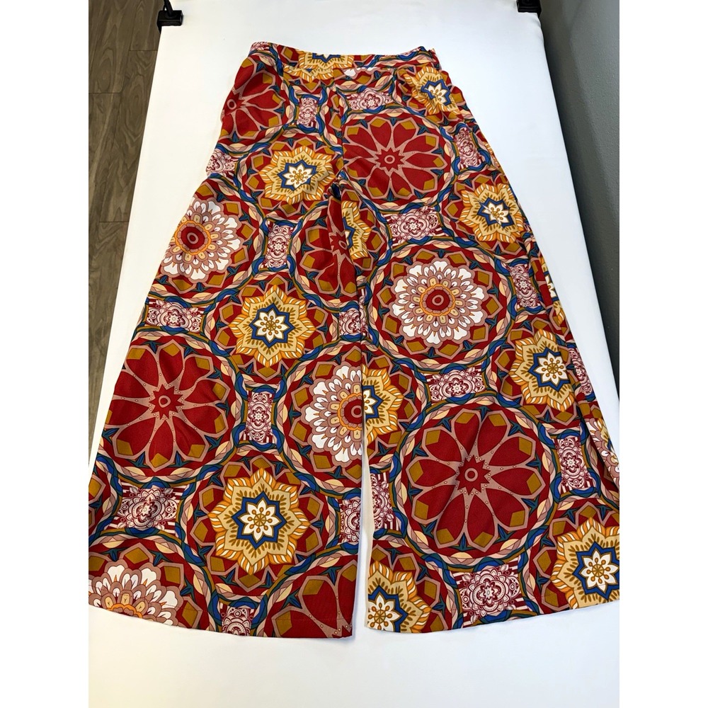 Shein Kaleidoscope Medallion Wide Leg Pants Womens L Red Boho Festival Geometric